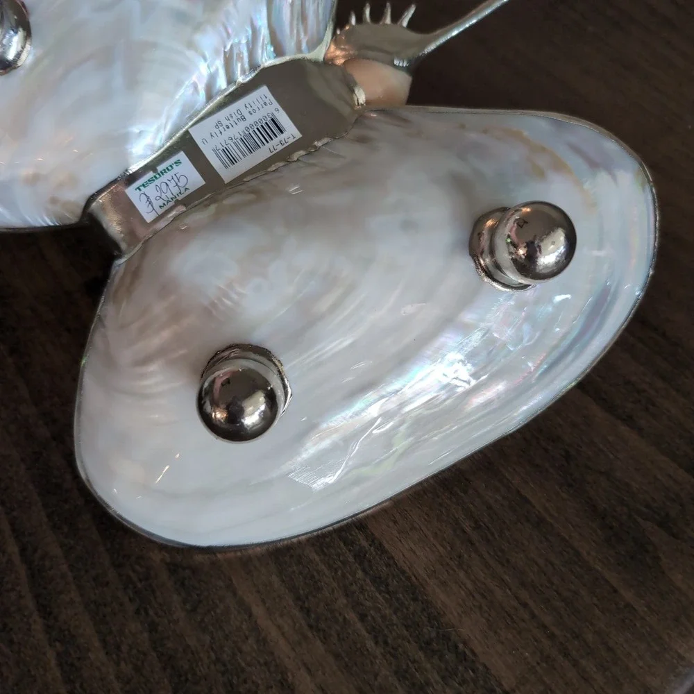 Large Vintage Mother of Pearl Clam Shell Trinket Dish Feet Manila Nautical Decor